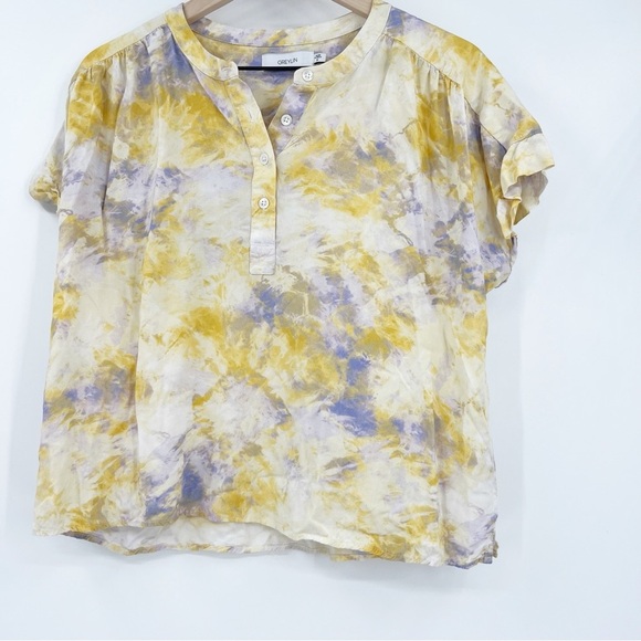 Greylin Yellow Abstract Rayon Top Size M Boxy Henley Cuff Sleeve - Picture 1 of 6